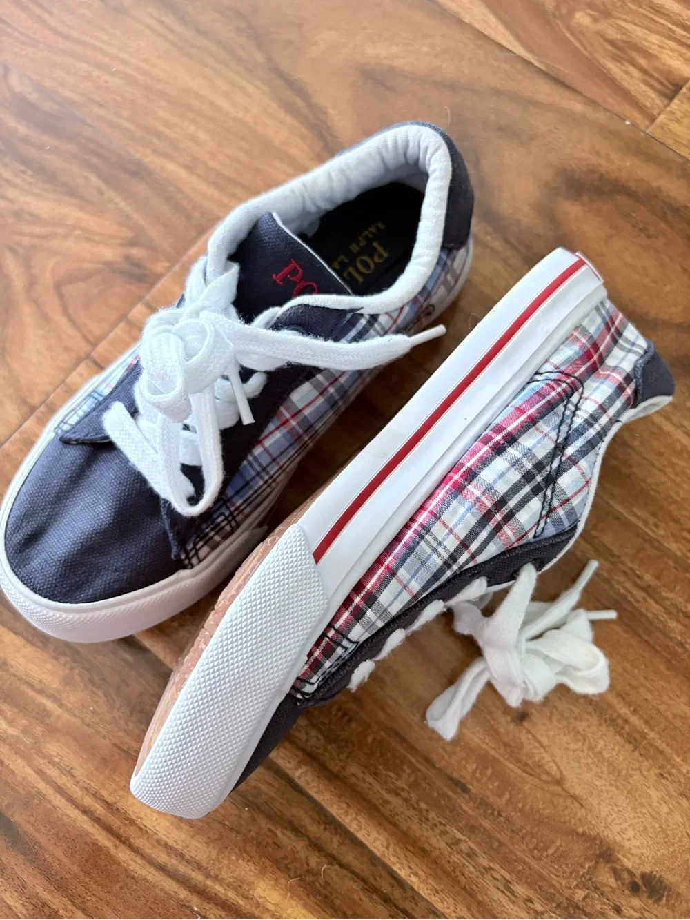 Ralph Lauren Polo Little Kids Navy & Red Plaid Canvas Logo Sneakers 13 Shoes